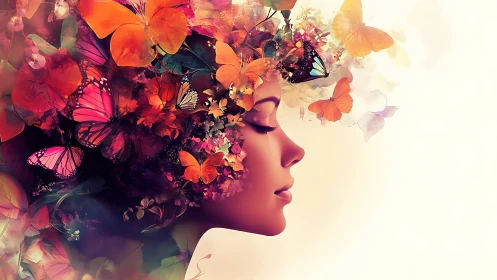 Dreamy profile glows as butterflies bloom around gentle thoughts