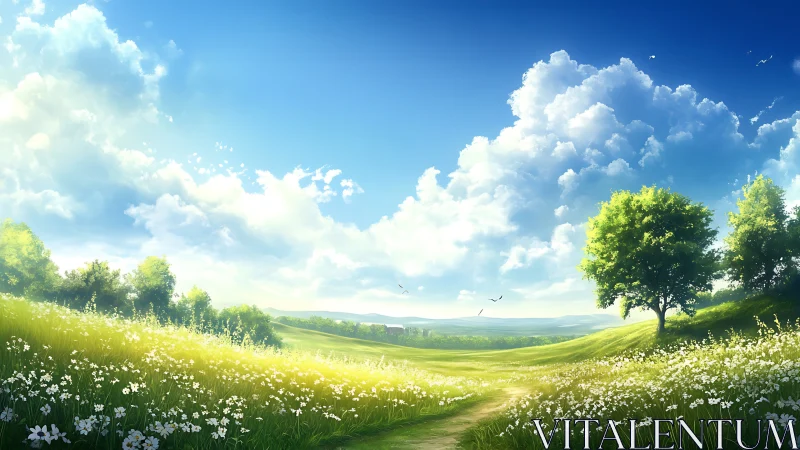 Sunlit wildflower meadow under expansive cumulus sky.