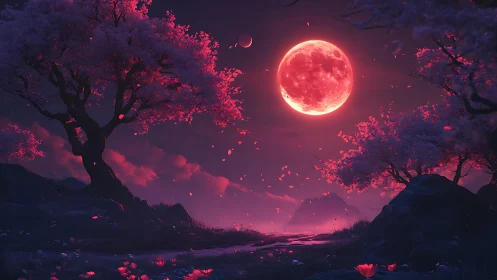 Crimson moon hushes a blossom forest into drifting dreams