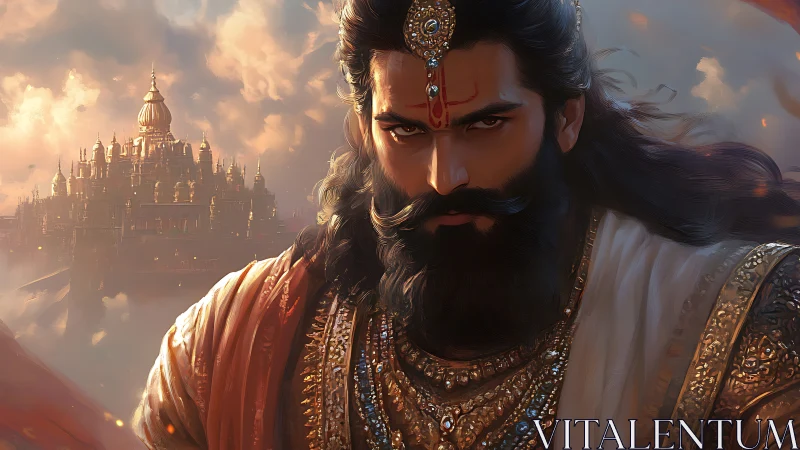 Regal warrior prince before grand golden palace at dusk.