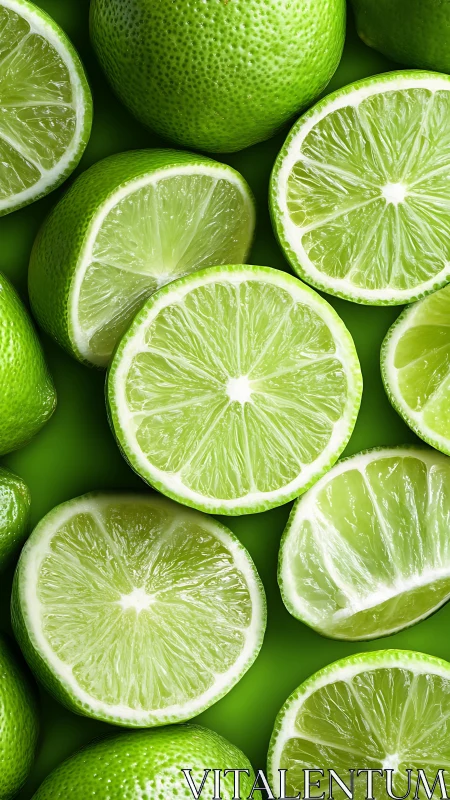 Cross-sections of green limes arranged in dense layout.