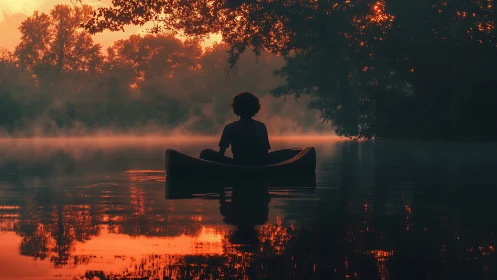 Solitary canoeist drifts through misty lake at fiery sunset.