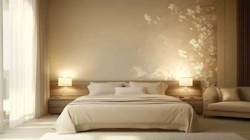 Minimalist beige bedroom with king bed and soft lighting.