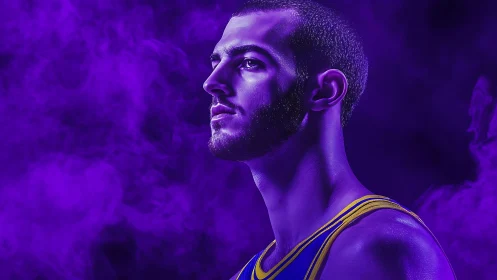 High-contrast athlete portrait with monochromatic purple vapor lighting