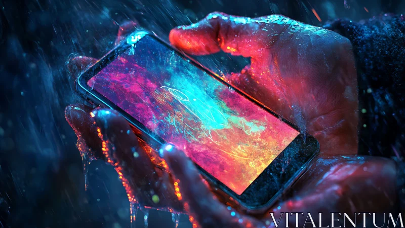 Wet smartphone in neon rainfall highlights screen durability performance