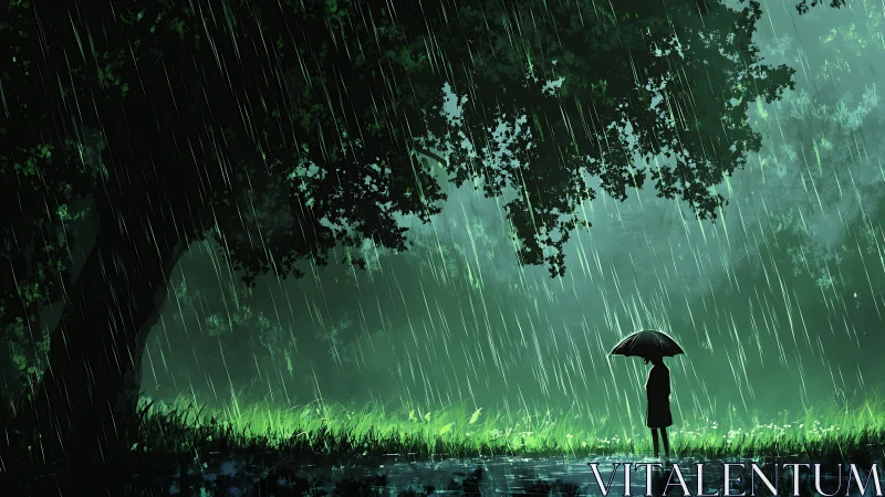 Solitary figure with umbrella under tree in heavy rain.