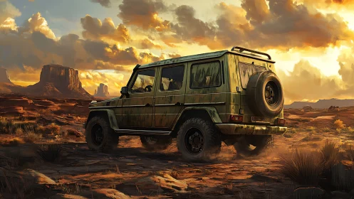Sunlit desert rover pausing beneath a storm of painted clouds.