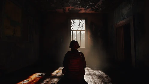 Cinematic backlit soldier in derelict interior composition.