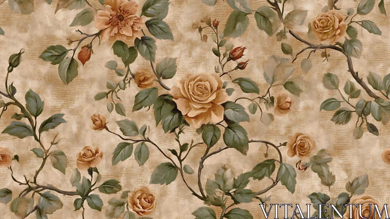 Vintage floral wallpaper pattern with painterly rose vines rendered
