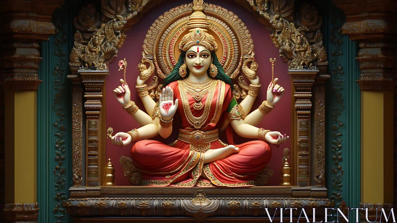 Gilded Hindu goddess idol radiates serenity in ornate shrine