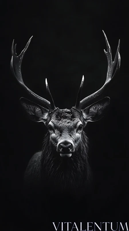 Majestic stag portrait emerges from deep shadowed darkness.