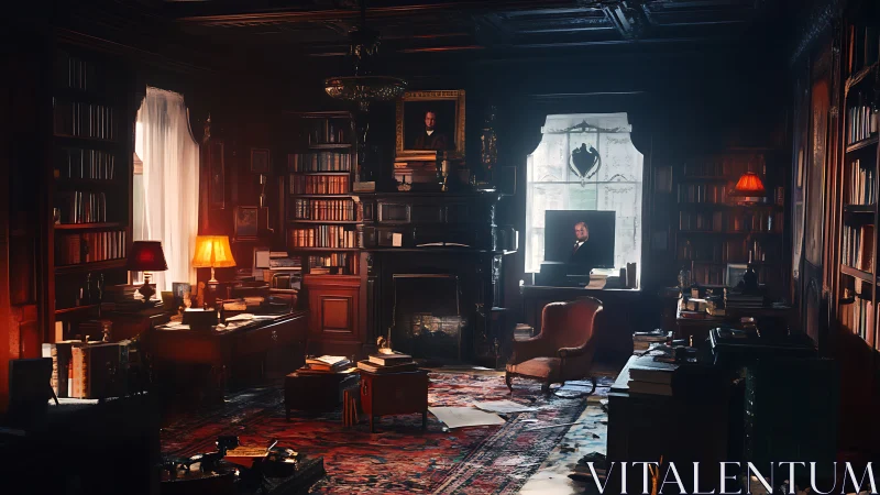 Cozy old-world library glowing with lamplight and stories.