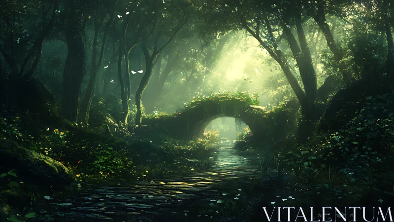 Forested stream with stone bridge architecture.