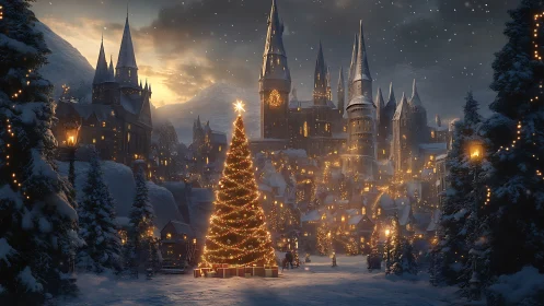 Snowy castle city surrounds central lit Christmas tree