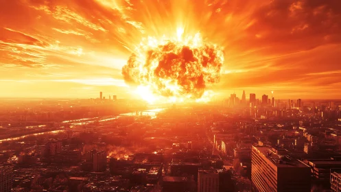 Detonating fireball over urban skyline in cinematic perspective