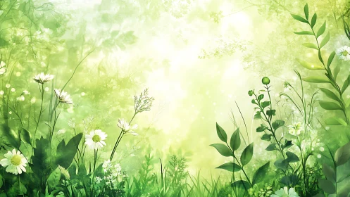 Sunlit wildflower meadow with soft green foliage glow.