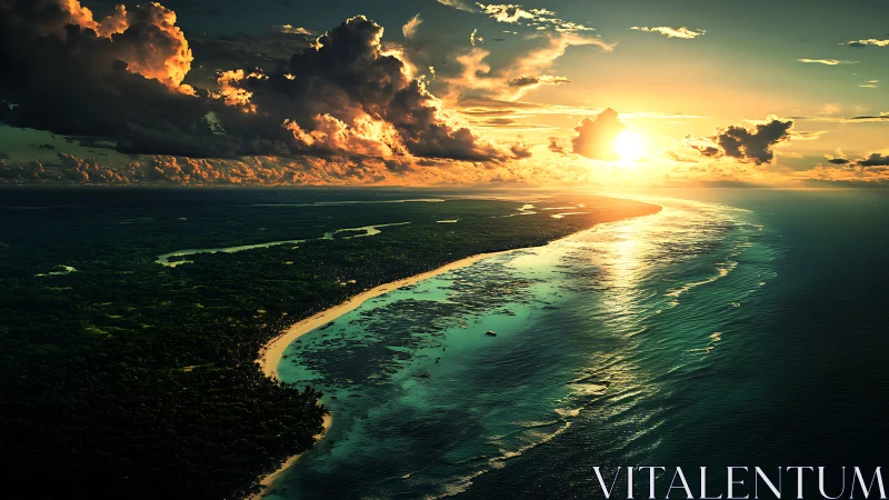 Coastal shoreline and ocean under low sun over horizon.