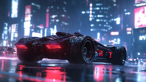 Neon rain prowler car idling under fever-bright city billboards.