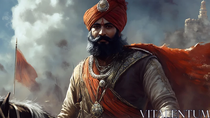 Warrior king portrait with orange turban and battle sky.