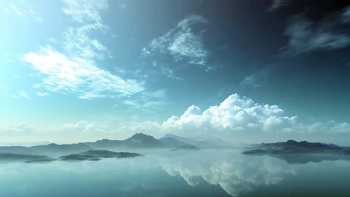 Panoramic hyperreal mountain lake under expansive cloudscape
