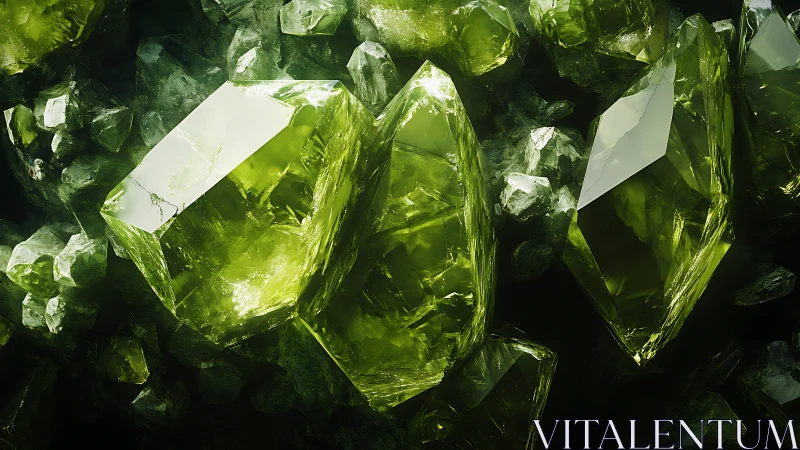 Translucent peridot crystals rendered with high-specular 3D lighting