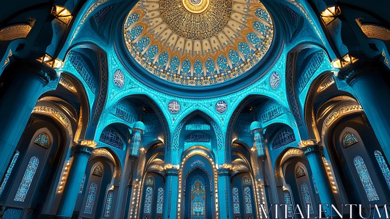 Radiant turquoise mosque interior glows with sacred light