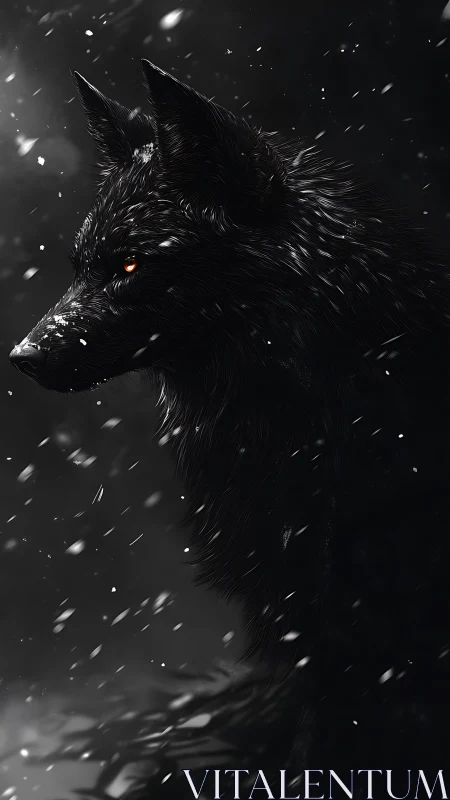 Midnight wolf wrapped in snow and quiet watchfulness.