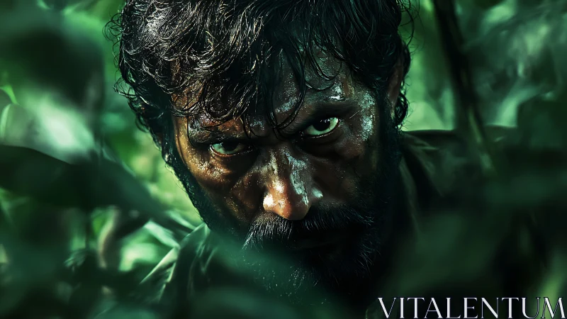 Hunter eyes burn through dense emerald jungle shadows.