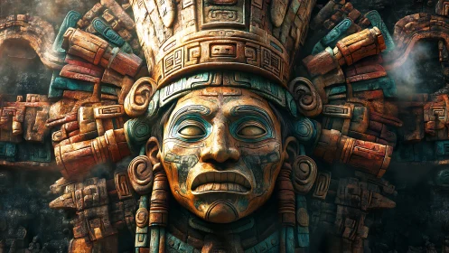 Monumental Mesoamerican stone deity rendered in hyper-detailed relief