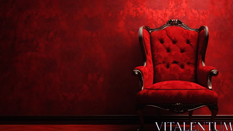 Red velvet throne against ornate textured wall backdrop.