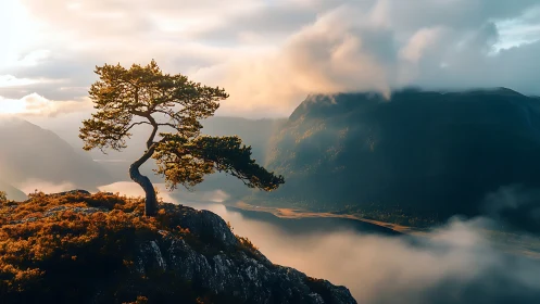 Photorealistic alpine lone pine on misted valley ridge at dawn.