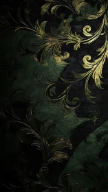 Dark emerald damask scrolls glow with antique gold drama