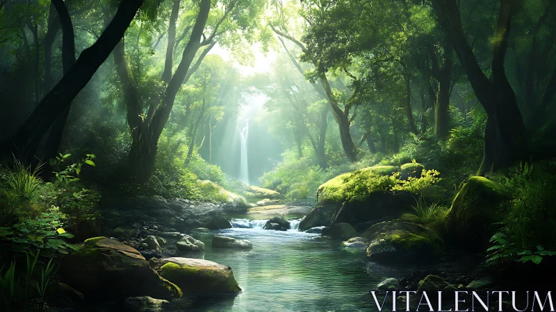 Verdant Forest Stream: Luminous Digital Landscape.