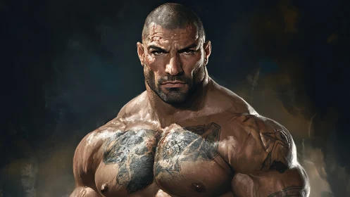 Digital painting portrait of muscular tattooed warrior figure.