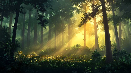 Sunlight Pierces Through Towering Ancient Woodland Serenity