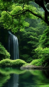 Vertical composition shows dense rainforest waterfall and reflective pool
