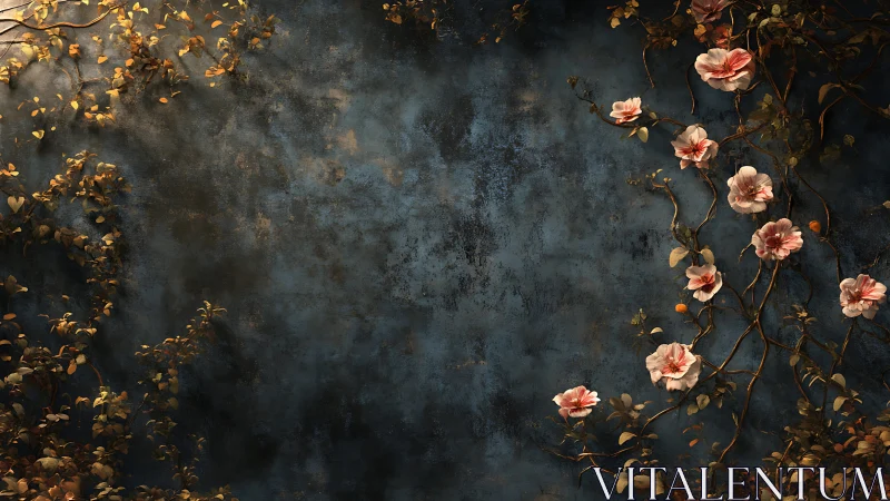 Pink Flowers Against Weathered Blue and Gold Wall.