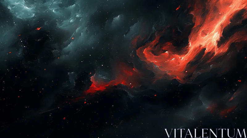 Red nebula cloud swirling through deep black cosmos.