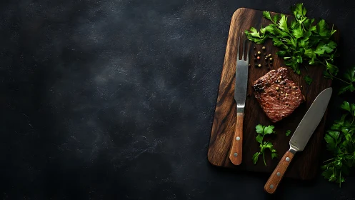 Moody steakboard still life with herbs and rustic cutlery.