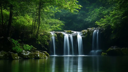 Gentle forest waterfall spilling into a calm green pool.
