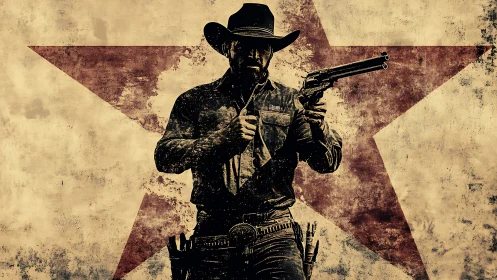 Weathered cowboy silhouette framed by a bold western star.