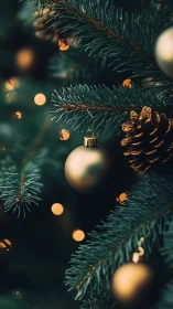 Selective focus on golden bauble and cone on fir branch at night