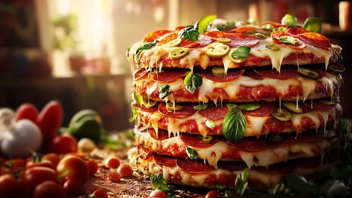 Layered gourmet pepperoni pizza tower in photorealistic studio style.