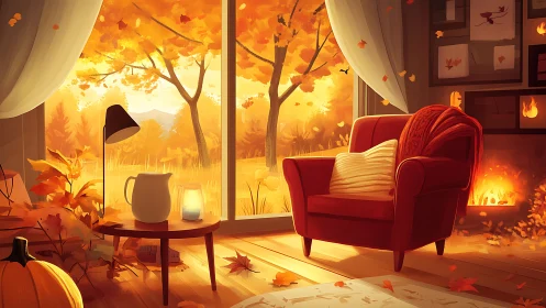 Cozy autumn reading nook glows with warm golden light