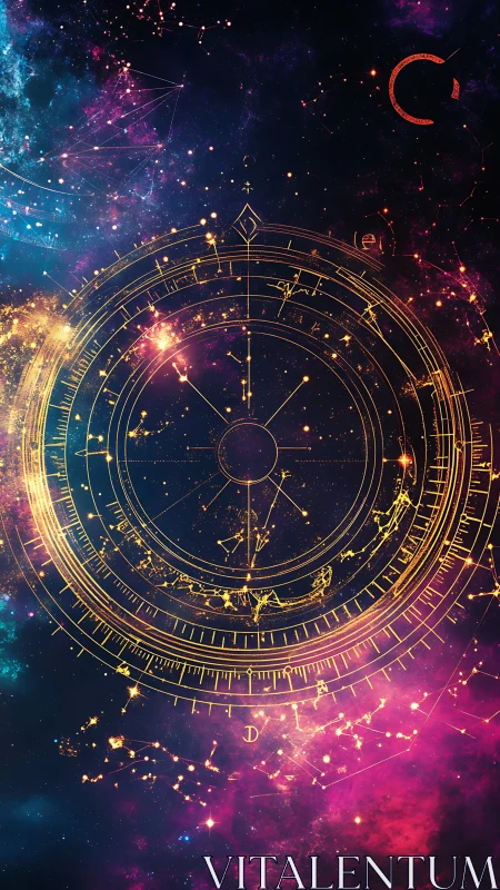 Golden astrolabe diagram overlays multicolored cosmic nebula