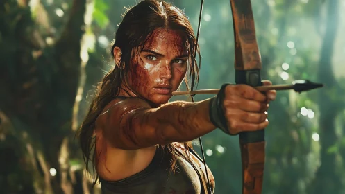 Battle-scarred archer aims bow in tense jungle close-up