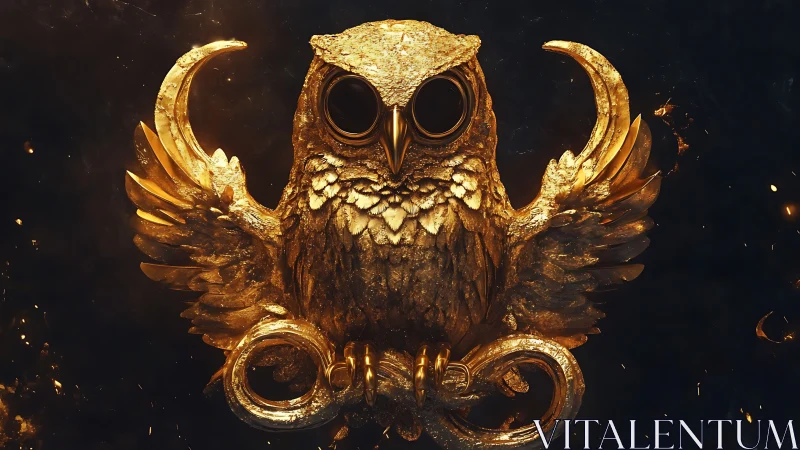 Gilded mechanical owl crest with ornate curved wings.