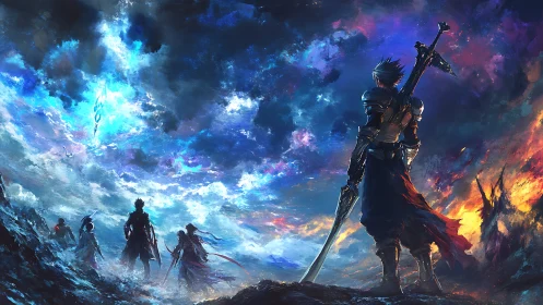 Storm-swept warriors confronting a glowing celestial rift.