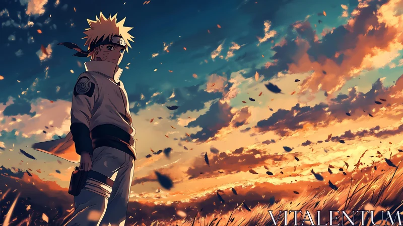 Anime hero stands in windswept field beneath blazing sky