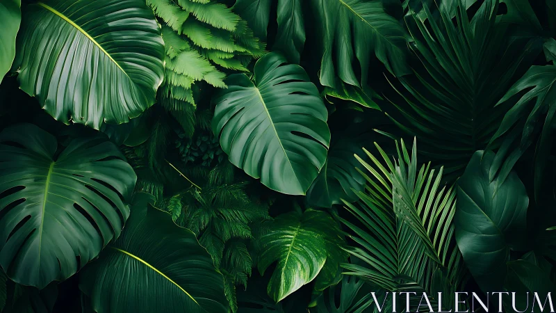 Dense tropical foliage with layered glossy green leaves.